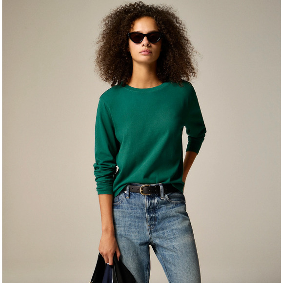 NEW J.Crew Vintage Jersey Long Sleeve Tee Shirt Crewneck Cropped Green Large - Picture 1 of 12